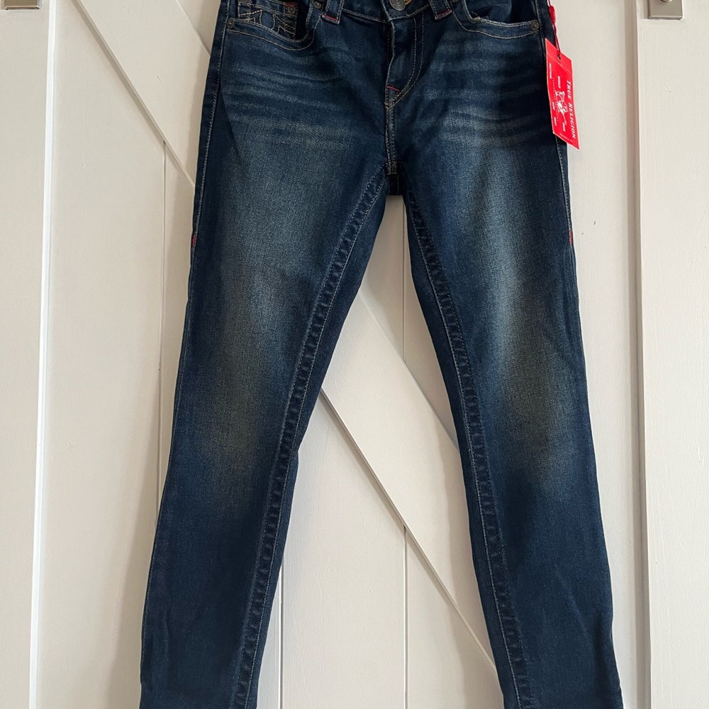 True Religion Blue Denim Jeans with Red Stitching Jenny Curvy, size 29, NWT - Picture 7 of 8